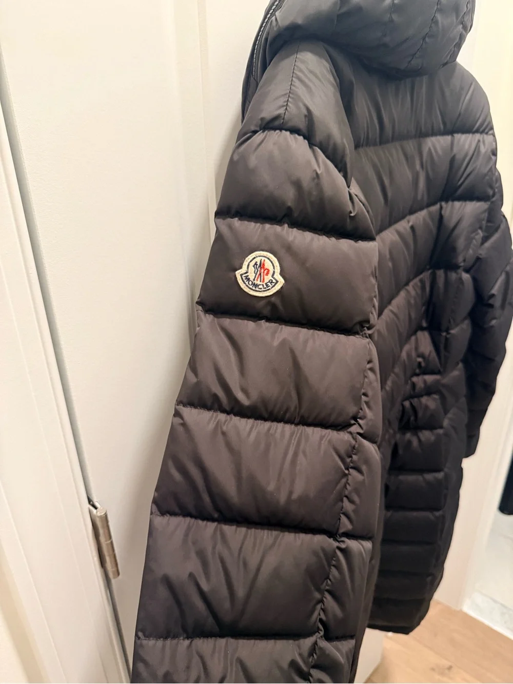 Moncler Flammette Black Long Down Puffer Coat | Hooded Jacket Size L